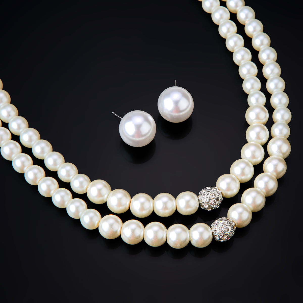 Premium Natural White Pearl Double-Layer Necklace Set with Crystal Accents & Matching Studs