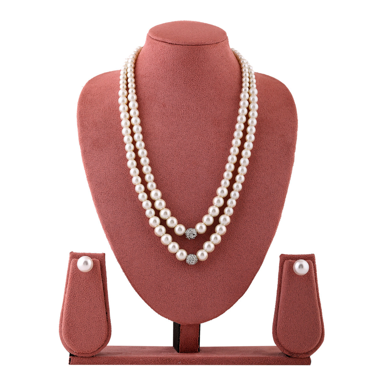 Premium Natural White Pearl Double-Layer Necklace Set with Crystal Accents & Matching Studs