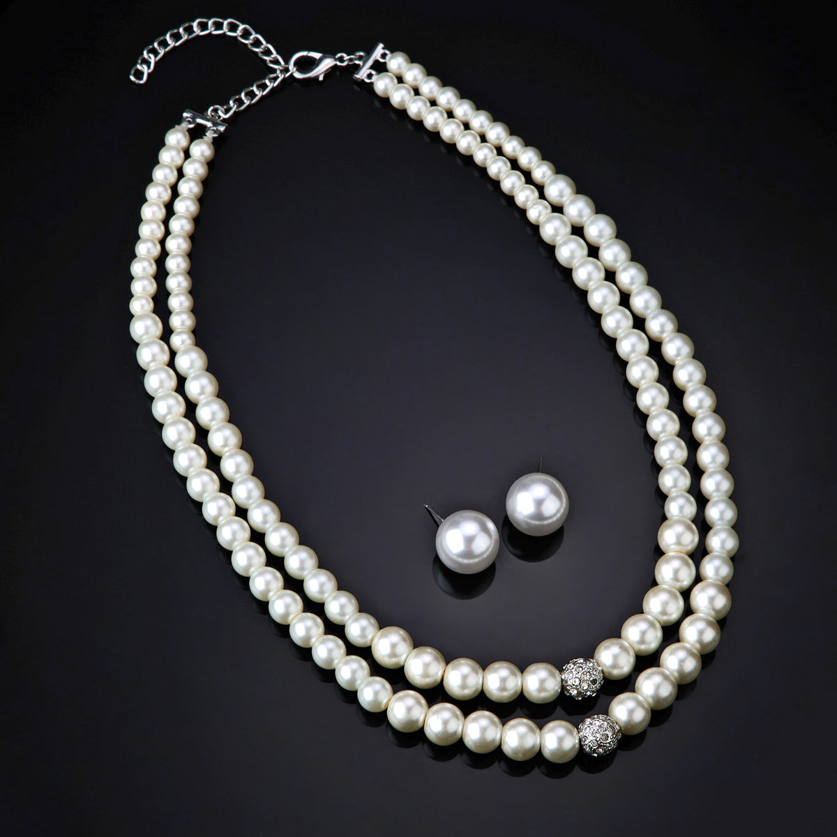 Premium Natural White Pearl Double-Layer Necklace Set with Crystal Accents & Matching Studs
