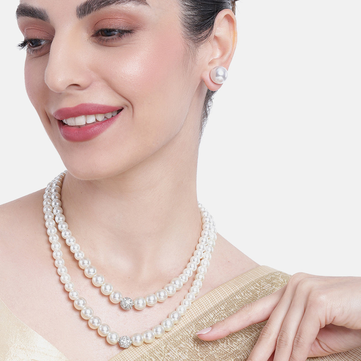 Premium Natural White Pearl Double-Layer Necklace Set with Crystal Accents & Matching Studs