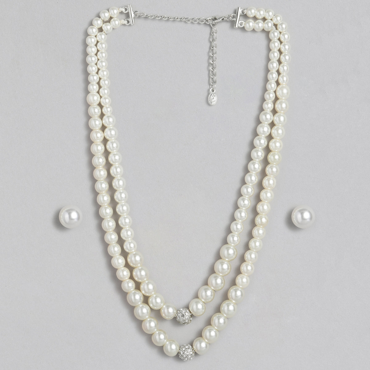 Premium Natural White Pearl Double-Layer Necklace Set with Crystal Accents & Matching Studs