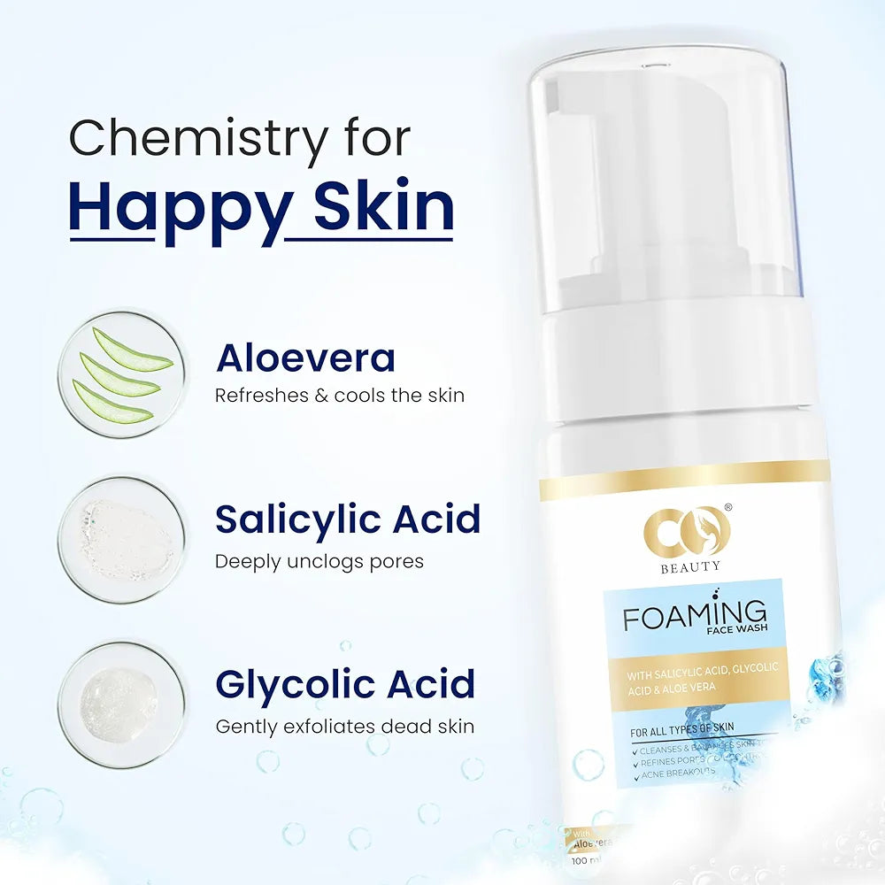 CO Beauty Foaming Face Wash with Salicylic Acid, Glycolic Acid & Aloe Vera (100ml)